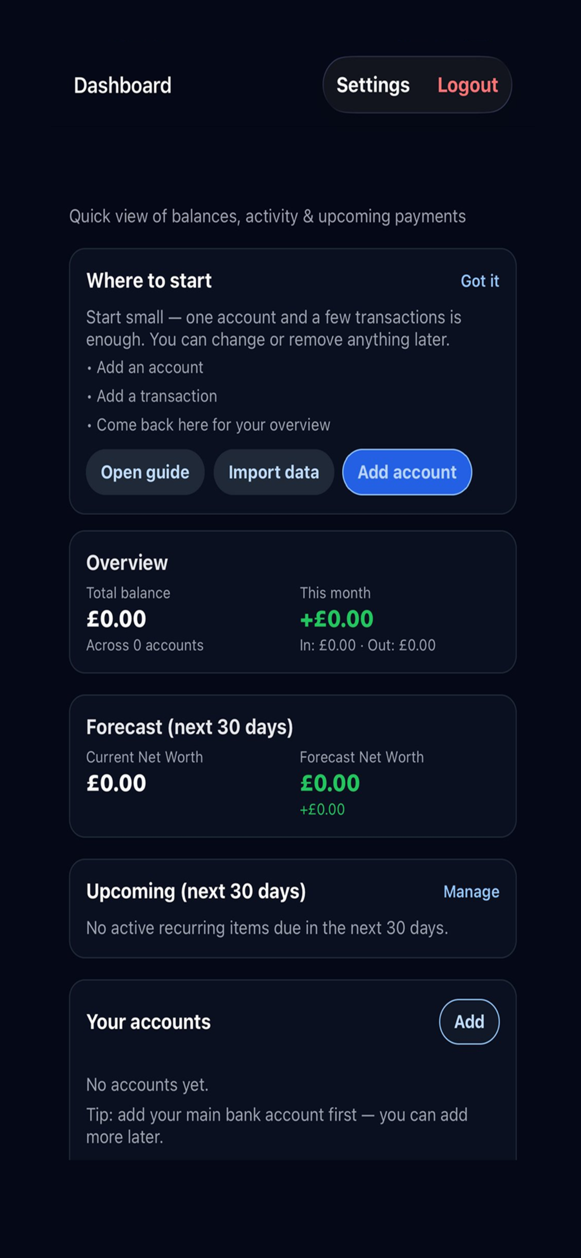 DebitLens dashboard showing balances, forecast, and upcoming payments